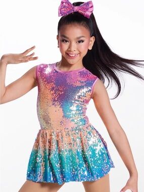 Weissman Pink Multicolor Sequin Dance Dress with Bow